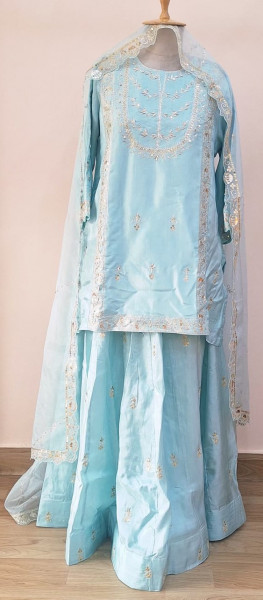 AQUA BLUE SUMMER SILK HANDWORK SHORT KURTI FLARED PALAZZO AND DUPATTA SET