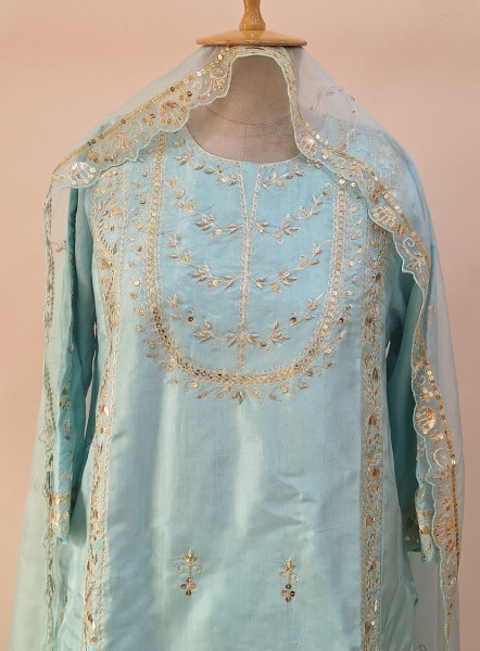 AQUA BLUE SUMMER SILK HANDWORK SHORT KURTI FLARED PALAZZO AND DUPATTA SET