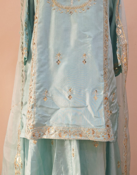 AQUA BLUE SUMMER SILK HANDWORK SHORT KURTI FLARED PALAZZO AND DUPATTA SET