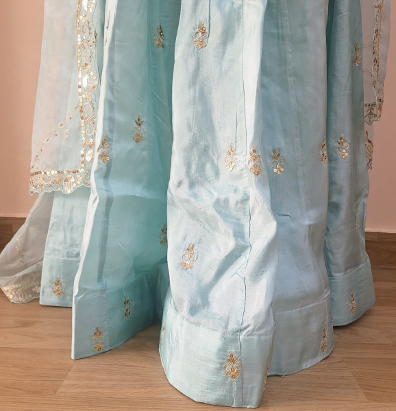 AQUA BLUE SUMMER SILK HANDWORK SHORT KURTI FLARED PALAZZO AND DUPATTA SET