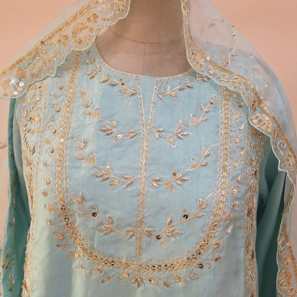 AQUA BLUE SUMMER SILK HANDWORK SHORT KURTI FLARED PALAZZO AND DUPATTA SET