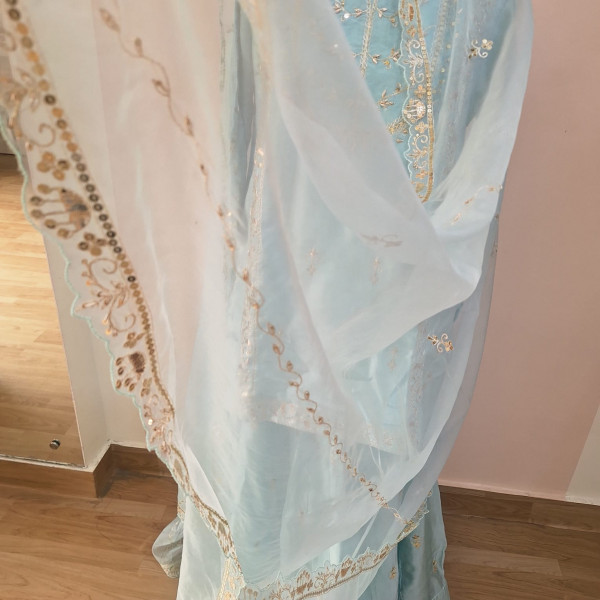 AQUA BLUE SUMMER SILK HANDWORK SHORT KURTI FLARED PALAZZO AND DUPATTA SET