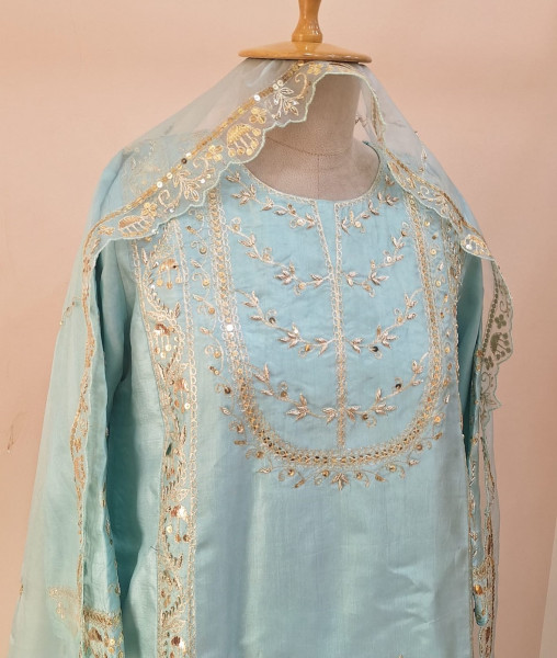 AQUA BLUE SUMMER SILK HANDWORK SHORT KURTI FLARED PALAZZO AND DUPATTA SET