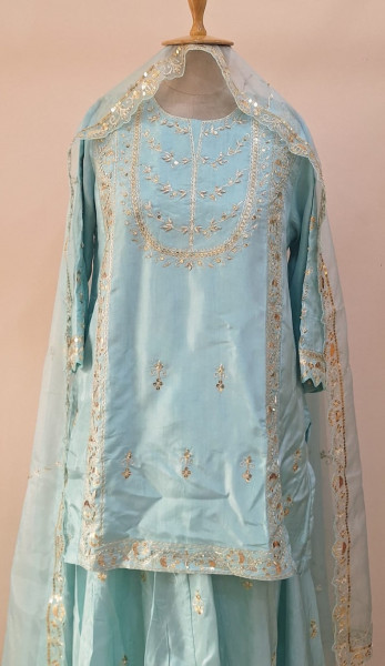 AQUA BLUE SUMMER SILK HANDWORK SHORT KURTI FLARED PALAZZO AND DUPATTA SET