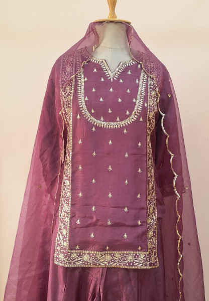 WINE SUMMER SILK HANDWORK SHORT KURTI FLARED PALAZZO AND DUPATTA SET