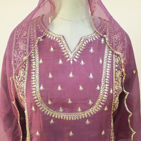 WINE SUMMER SILK HANDWORK SHORT KURTI FLARED PALAZZO AND DUPATTA SET