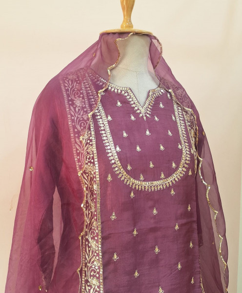WINE SUMMER SILK HANDWORK SHORT KURTI FLARED PALAZZO AND DUPATTA SET