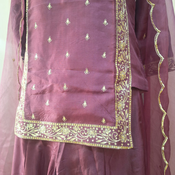 WINE SUMMER SILK HANDWORK SHORT KURTI FLARED PALAZZO AND DUPATTA SET