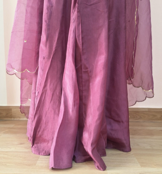 WINE SUMMER SILK HANDWORK SHORT KURTI FLARED PALAZZO AND DUPATTA SET