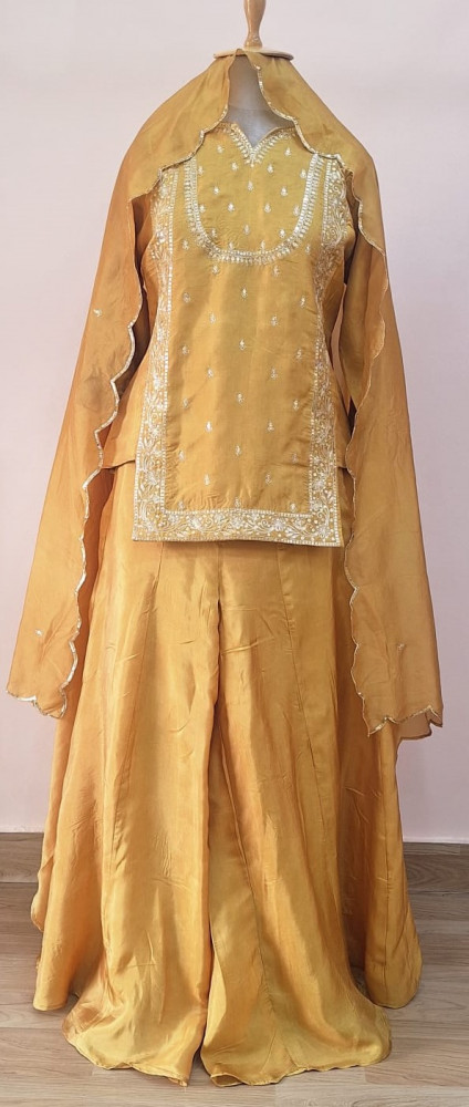 Image of YELLOW SUMMER SILK HANDWORK SHORT KURTI FLAYED PALAZZO AND DUPATTA SET