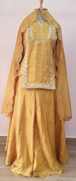 YELLOW SUMMER SILK HANDWORK SHORT KURTI FLAYED PALAZZO AND DUPATTA SET