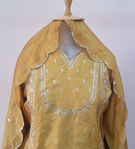 YELLOW SUMMER SILK HANDWORK SHORT KURTI FLAYED PALAZZO AND DUPATTA SET