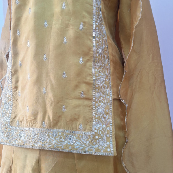 YELLOW SUMMER SILK HANDWORK SHORT KURTI FLAYED PALAZZO AND DUPATTA SET
