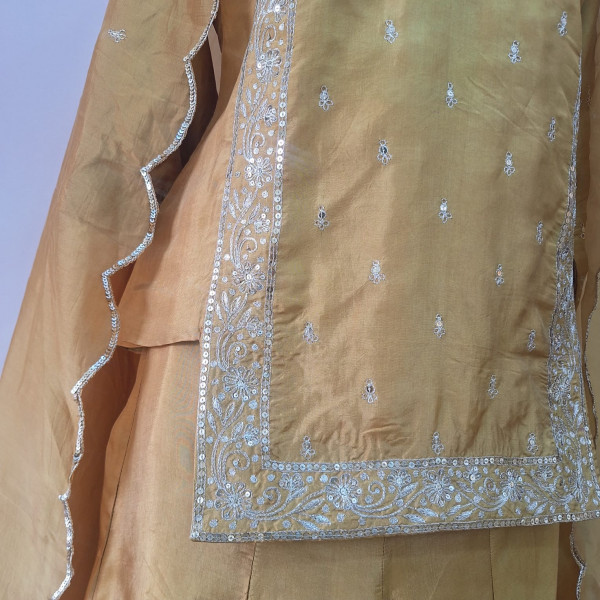 YELLOW SUMMER SILK HANDWORK SHORT KURTI FLAYED PALAZZO AND DUPATTA SET