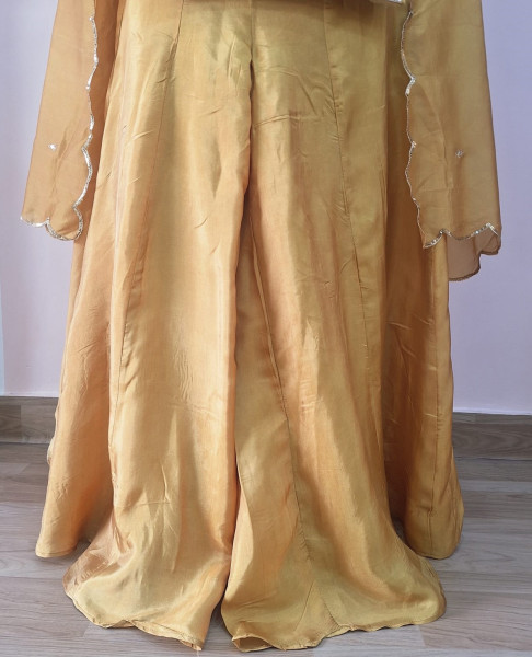 YELLOW SUMMER SILK HANDWORK SHORT KURTI FLAYED PALAZZO AND DUPATTA SET