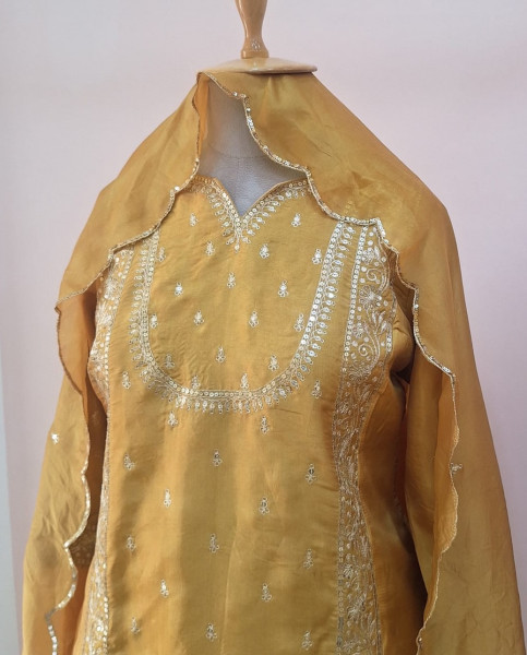 YELLOW SUMMER SILK HANDWORK SHORT KURTI FLAYED PALAZZO AND DUPATTA SET