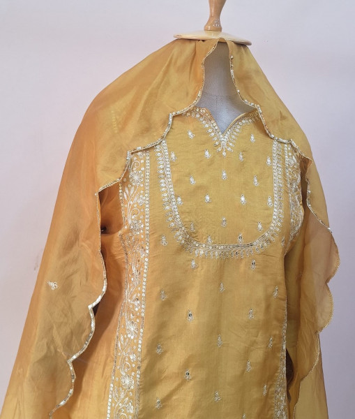 YELLOW SUMMER SILK HANDWORK SHORT KURTI FLAYED PALAZZO AND DUPATTA SET