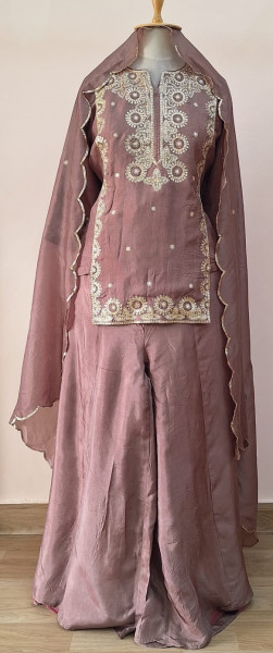 BROWN SUMMER SILK HANDWORK SHORT KURTI FLARED PALAZZO AND DUPATTA SET