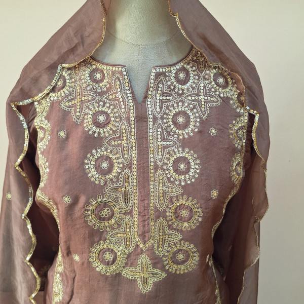 BROWN SUMMER SILK HANDWORK SHORT KURTI FLARED PALAZZO AND DUPATTA SET