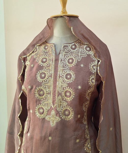 BROWN SUMMER SILK HANDWORK SHORT KURTI FLARED PALAZZO AND DUPATTA SET