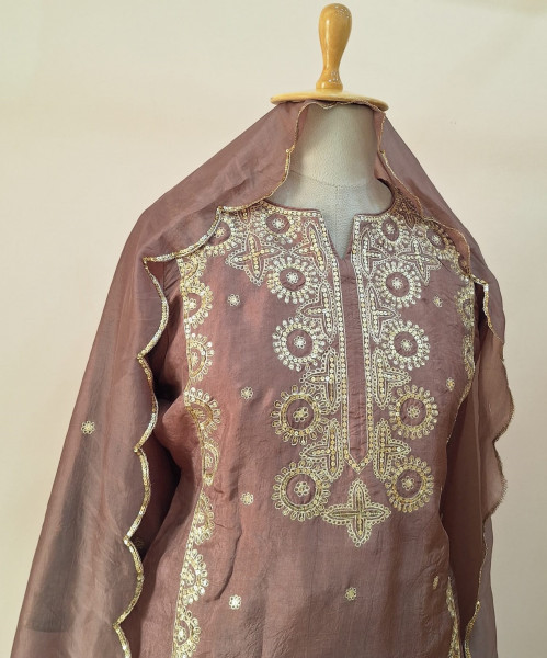 BROWN SUMMER SILK HANDWORK SHORT KURTI FLARED PALAZZO AND DUPATTA SET