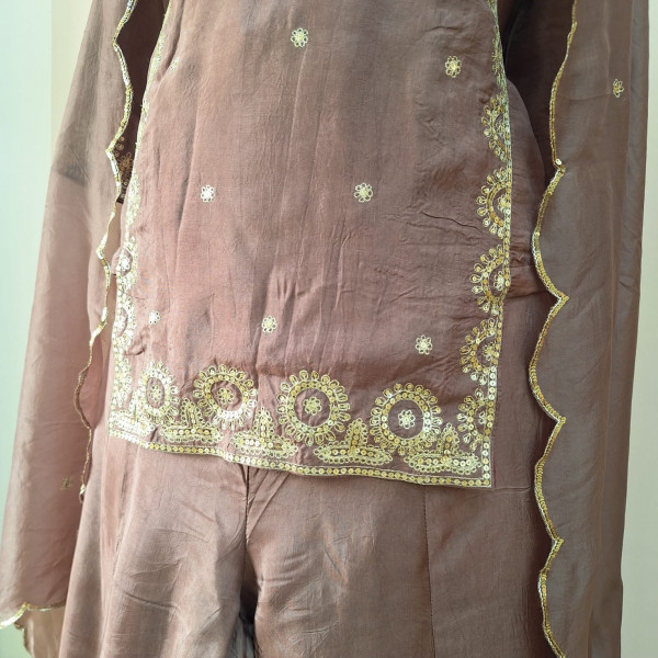 BROWN SUMMER SILK HANDWORK SHORT KURTI FLARED PALAZZO AND DUPATTA SET