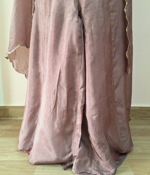 BROWN SUMMER SILK HANDWORK SHORT KURTI FLARED PALAZZO AND DUPATTA SET