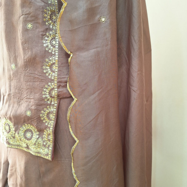 BROWN SUMMER SILK HANDWORK SHORT KURTI FLARED PALAZZO AND DUPATTA SET