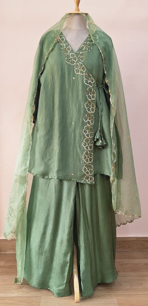 GREEN SUMMER SILK HANDWORK SHORT KURTI ANGRAKHA AND DUPATTA SET