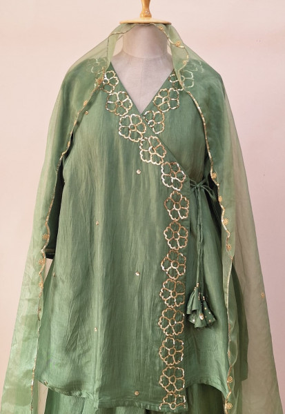 GREEN SUMMER SILK HANDWORK SHORT KURTI ANGRAKHA AND DUPATTA SET