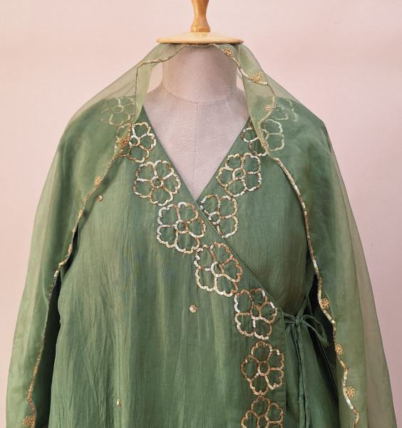 GREEN SUMMER SILK HANDWORK SHORT KURTI ANGRAKHA AND DUPATTA SET
