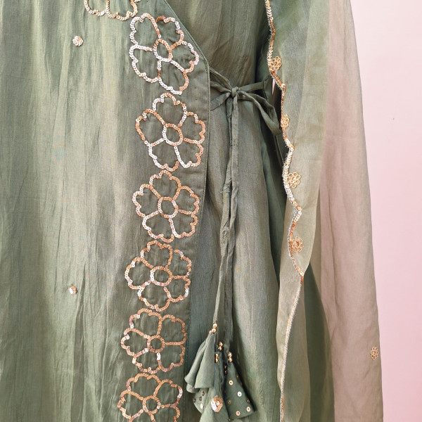 GREEN SUMMER SILK HANDWORK SHORT KURTI ANGRAKHA AND DUPATTA SET