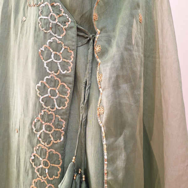 GREEN SUMMER SILK HANDWORK SHORT KURTI ANGRAKHA AND DUPATTA SET