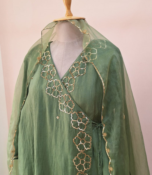 GREEN SUMMER SILK HANDWORK SHORT KURTI ANGRAKHA AND DUPATTA SET