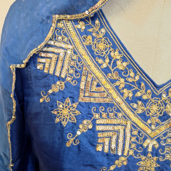 BLUE SUMMER SILK HANDWORK A LINE SUIT PANT AND DUPATTA SET