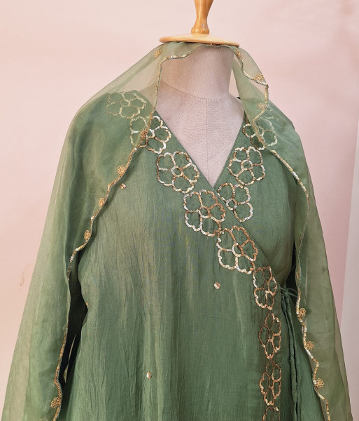 GREEN SUMMER SILK HANDWORK SHORT KURTI ANGRAKHA AND DUPATTA SET