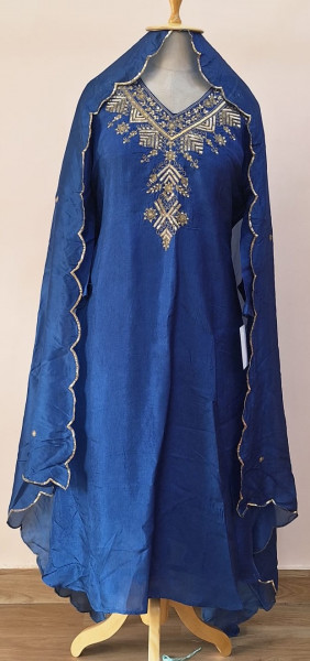 BLUE SUMMER SILK HANDWORK A LINE SUIT PANT AND DUPATTA SET