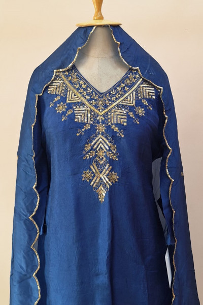 BLUE SUMMER SILK HANDWORK A LINE SUIT PANT AND DUPATTA SET