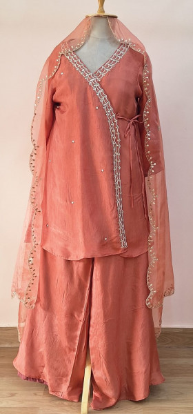 PEACH SUMMER SILK HANDWORK ANGRAKHA SHORT KURTI  AND DUPATTA SET