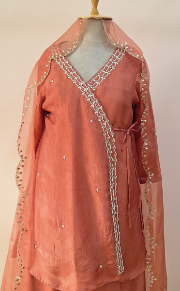 PEACH SUMMER SILK HANDWORK ANGRAKHA SHORT KURTI  AND DUPATTA SET