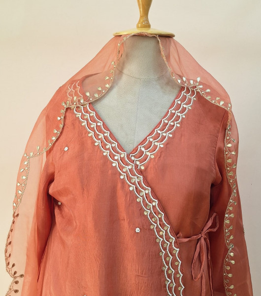 PEACH SUMMER SILK HANDWORK ANGRAKHA SHORT KURTI  AND DUPATTA SET