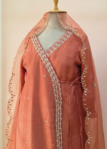PEACH SUMMER SILK HANDWORK ANGRAKHA SHORT KURTI  AND DUPATTA SET