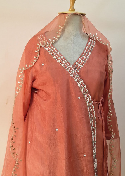 PEACH SUMMER SILK HANDWORK ANGRAKHA SHORT KURTI  AND DUPATTA SET