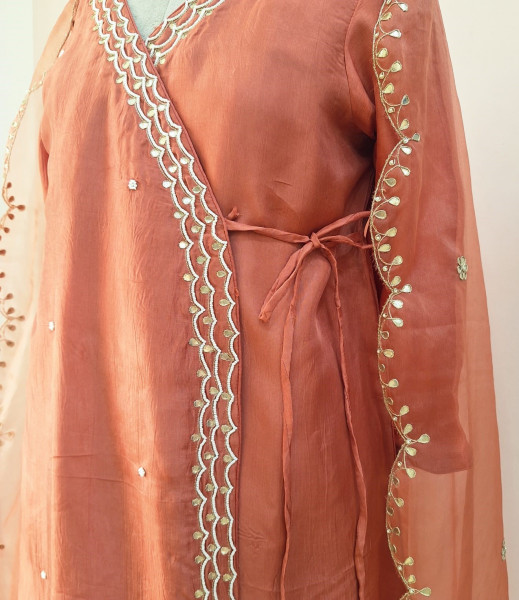 PEACH SUMMER SILK HANDWORK ANGRAKHA SHORT KURTI  AND DUPATTA SET