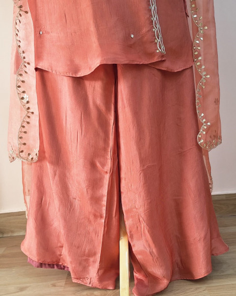 PEACH SUMMER SILK HANDWORK ANGRAKHA SHORT KURTI  AND DUPATTA SET