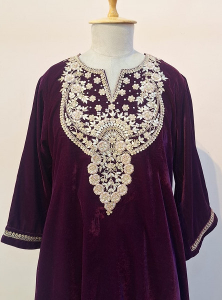 WINE VELVET HANDWORK KURTI AND PANT SET