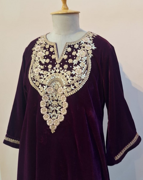 WINE VELVET HANDWORK KURTI AND PANT SET