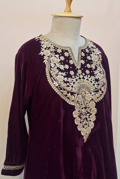 WINE VELVET HANDWORK KURTI AND PANT SET