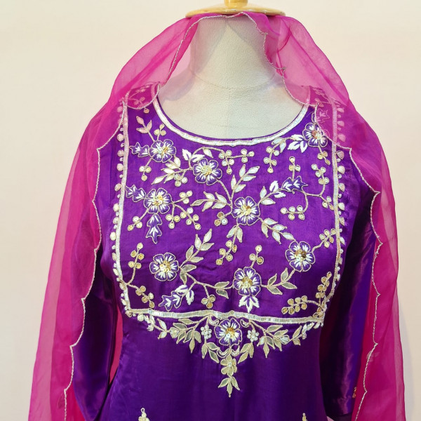PURPLE GAJJI HANDWORK SUIT PANT AND DUPATTA SET