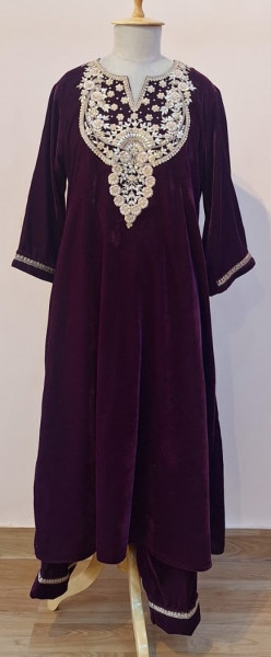 WINE VELVET HANDWORK KURTI AND PANT SET